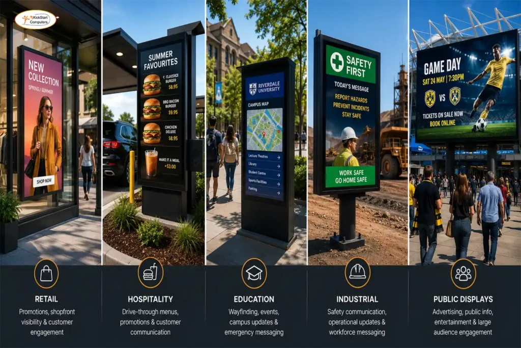 Outdoor digital signage applications including retail displays, hospitality menu boards, education kiosks, industrial communication screens, and public advertising displays