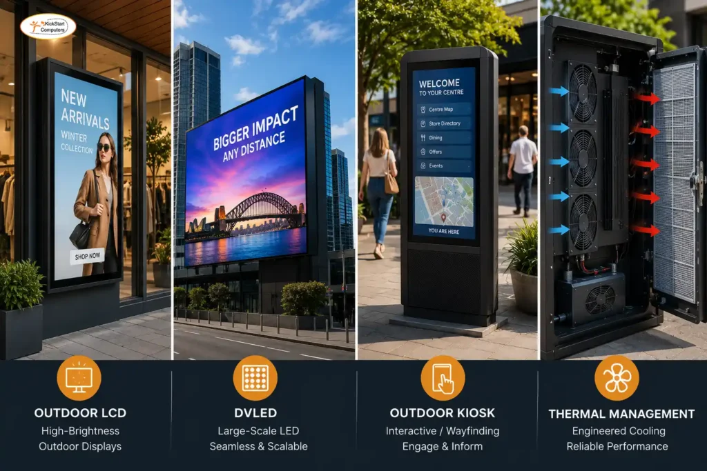 Outdoor digital signage technologies including high-brightness LCD displays, DVLED billboards, outdoor kiosks, and commercial cooling systems