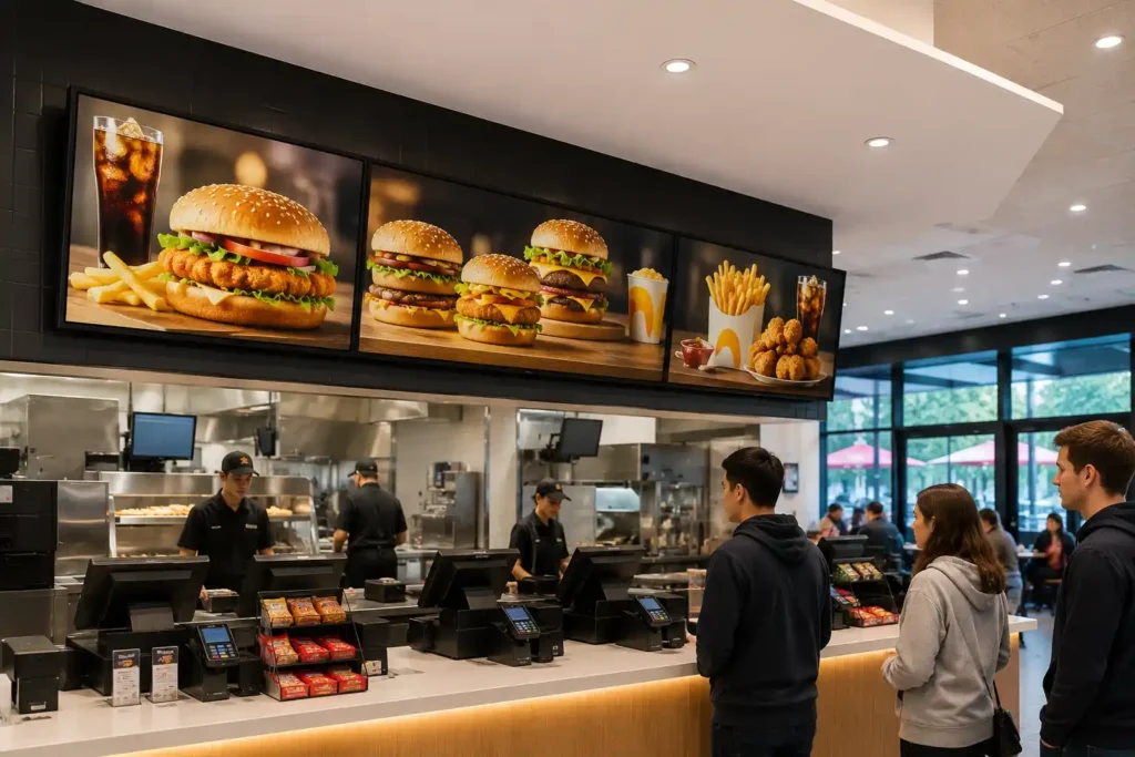 Philips Digital Signage | Philips Commercial Displays 2 Philips PPDS D-Line professional display installed in a retail and QSR digital menu board environment