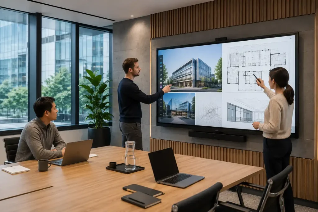 Philips Digital Signage | Philips Commercial Displays 3 Philips PPDS E-Line interactive collaboration display in use in a corporate boardroom environment