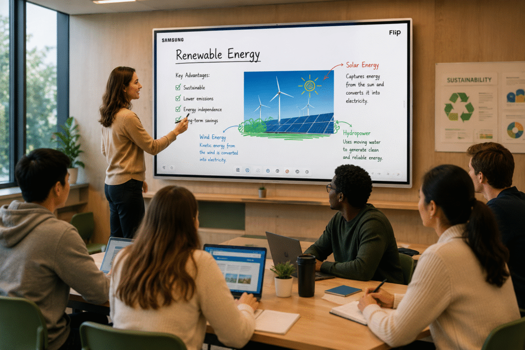 Samsung Flip Interactive Whiteboards Australia | WMFX, Flip Pro & Collaboration Guide 2 Samsung Flip Pro WMB interactive display in classroom collaboration setting