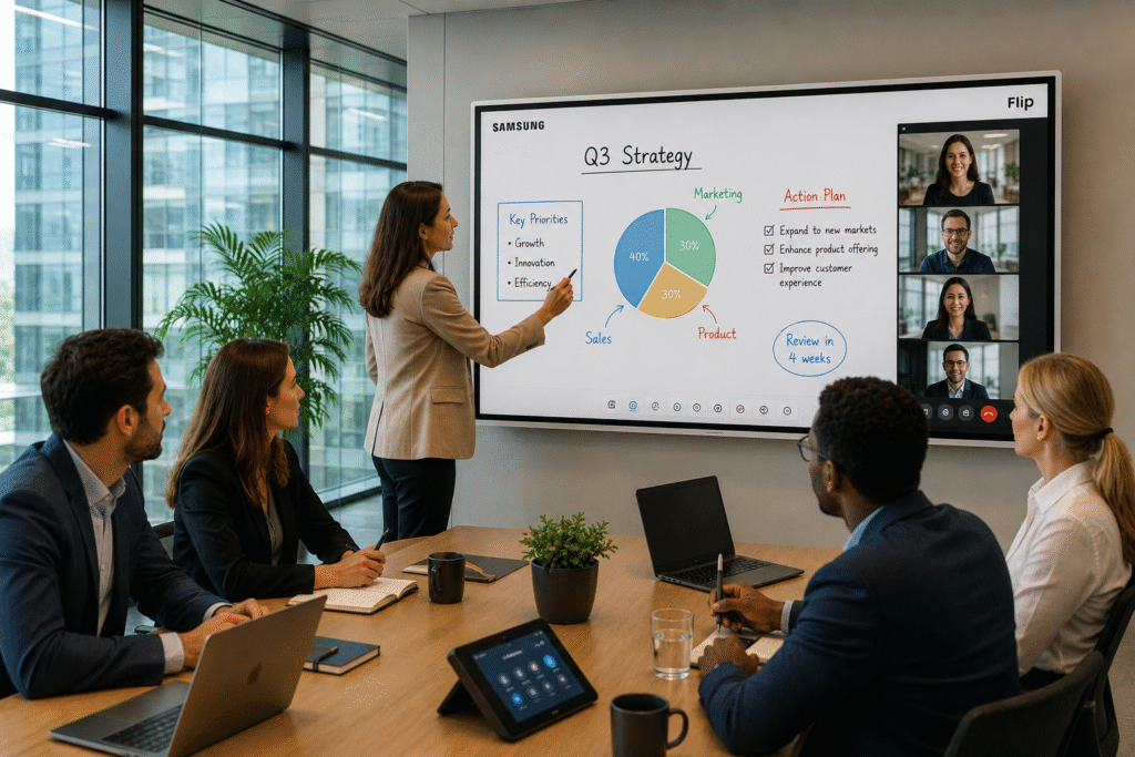 Samsung Flip Interactive Whiteboards Australia | WMFX, Flip Pro & Collaboration Guide 4 Samsung Flip WMFX interactive display enterprise boardroom hybrid meeting