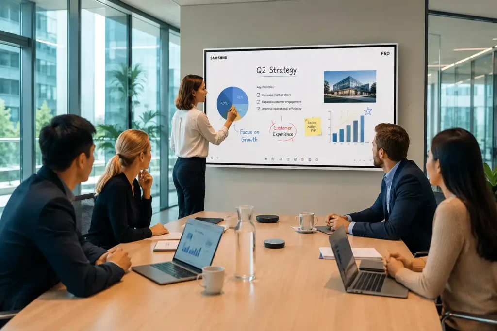Samsung Flip Interactive Whiteboards Australia | WMFX, Flip Pro & Collaboration Guide 1 Samsung Flip WMFX interactive display in modern enterprise meeting room