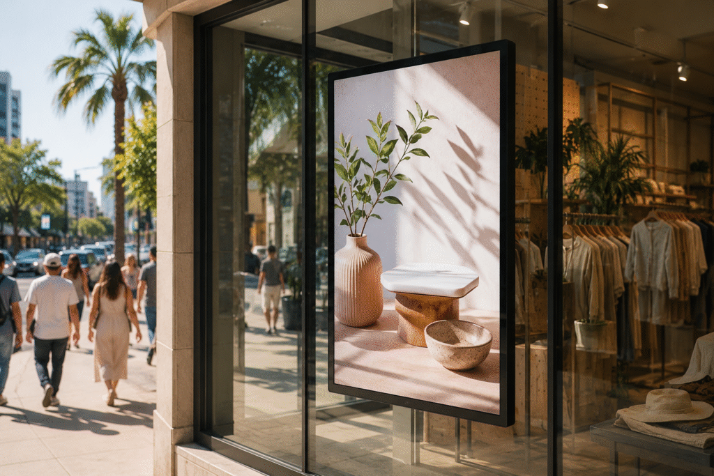 Samsung high-brightness commercial display clearly visible in a sun-facing Australian retail storefront window