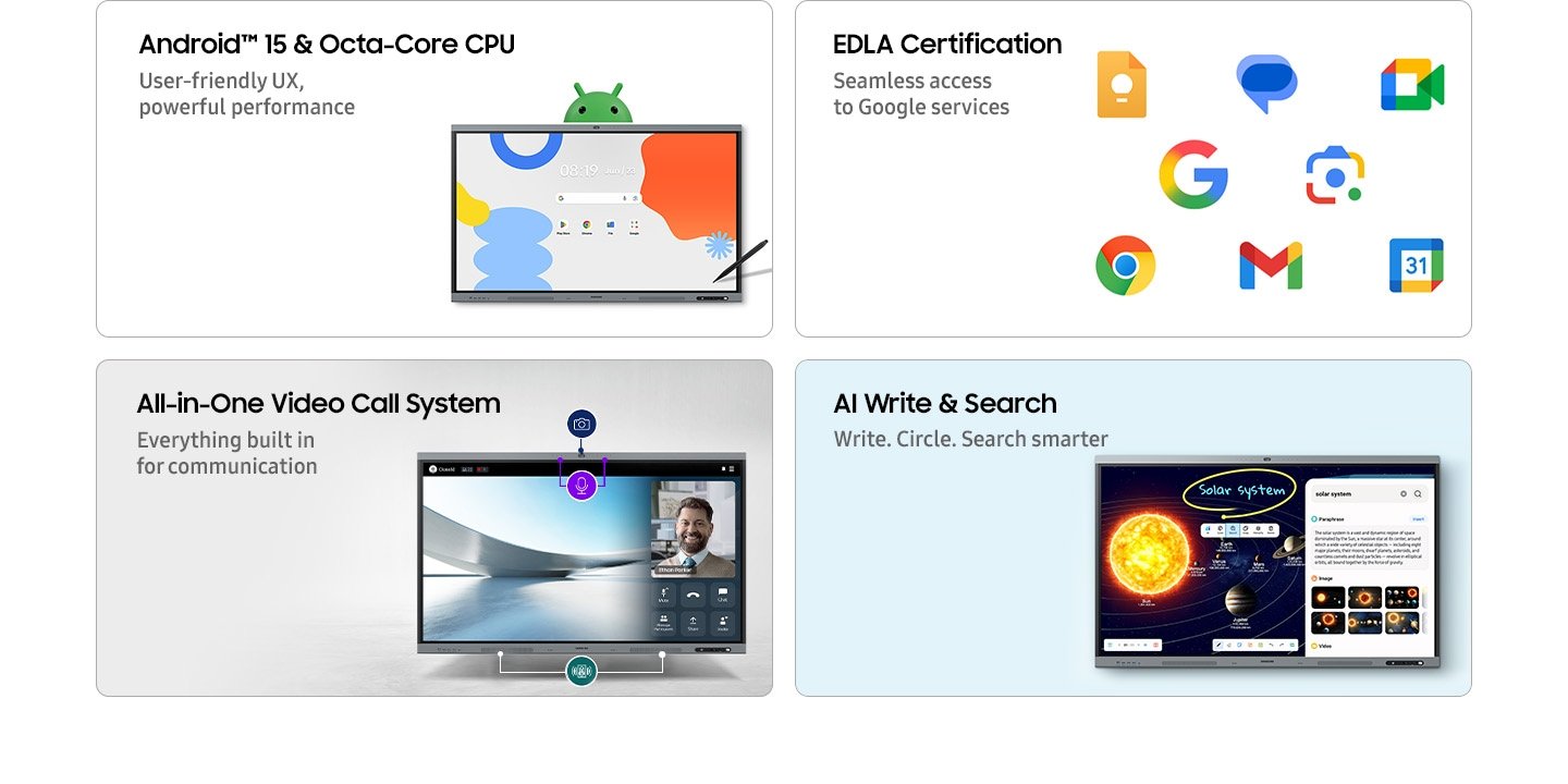 Samsung Interactive Display WAFX-P | Android Interactive Whiteboard Australia 8 Samsung WAFX-P 65 inch all-in-one video conferencing system with 48MP auto-framing camera built-in microphone array and dual 20W speakers with woofer