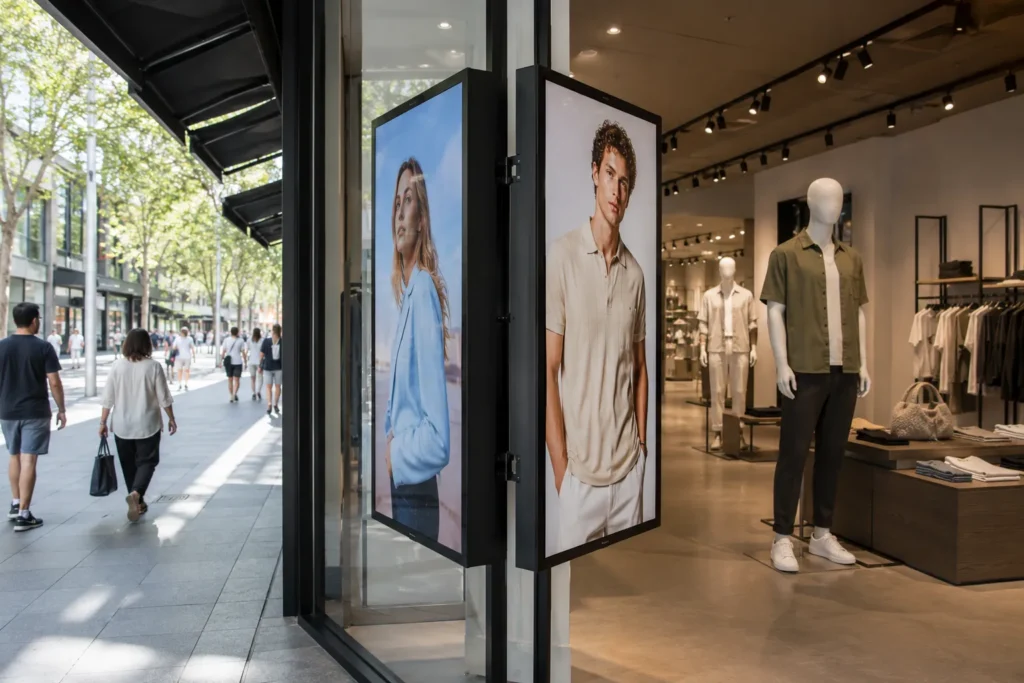 Samsung OM55N-DS dual-sided commercial display showing content to both street-facing and interior-facing audiences simultaneously