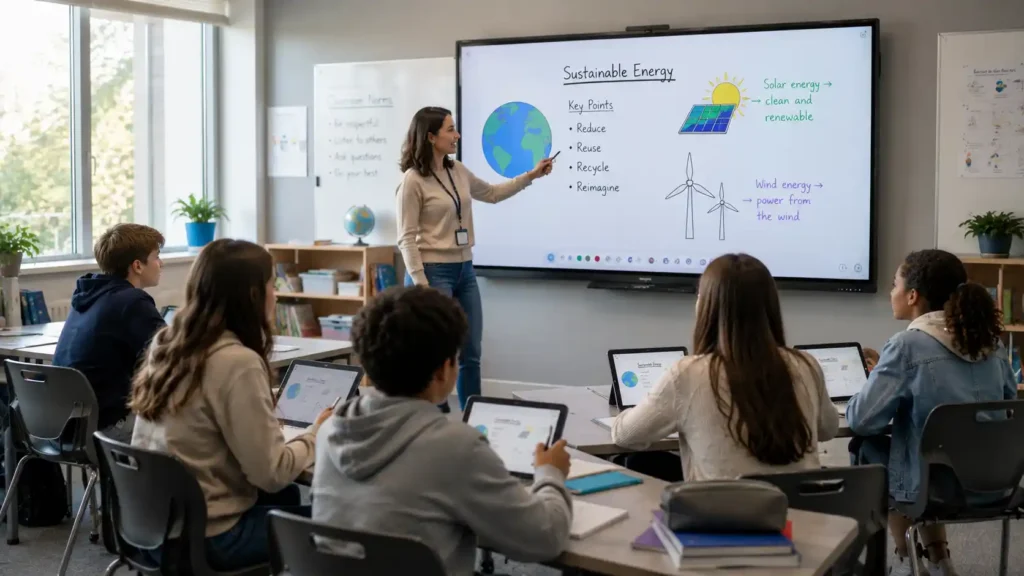 SMART Board GX vs MX vs RX | Which Series Is Right for Your School? 3 SMART Board MX Series interactive whiteboard in collaborative classroom with student devices for Google Workspace education
