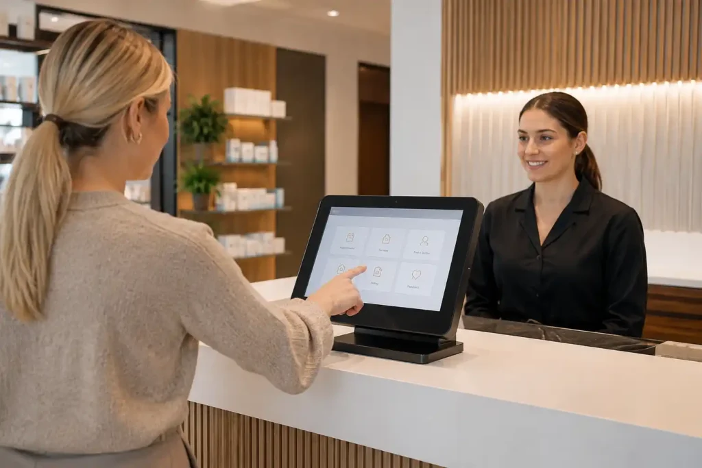 Soniq Digital Signage: Transforming Visual Communication 2 Soniq capacitive touchscreen kiosk in use at an Australian retail counter or healthcare reception environment