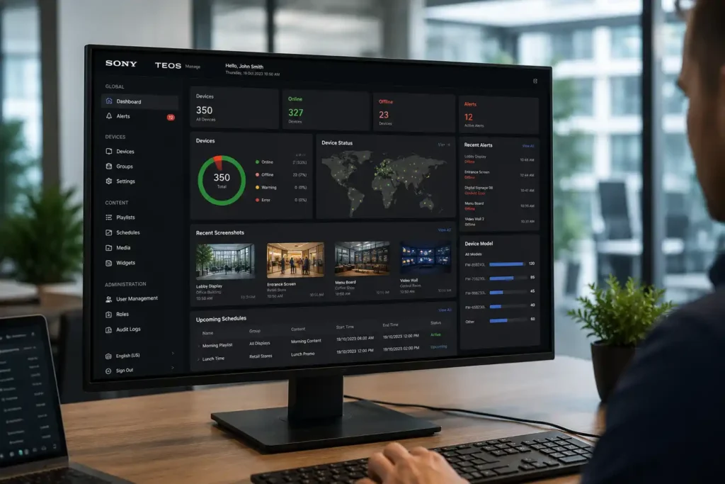Sony Commercial Displays 3 Sony TEOS enterprise content management platform displayed on a monitor in a corporate office