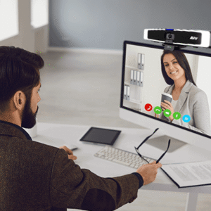 AVer VB130 4K video bar intelligent lighting huddle room front view