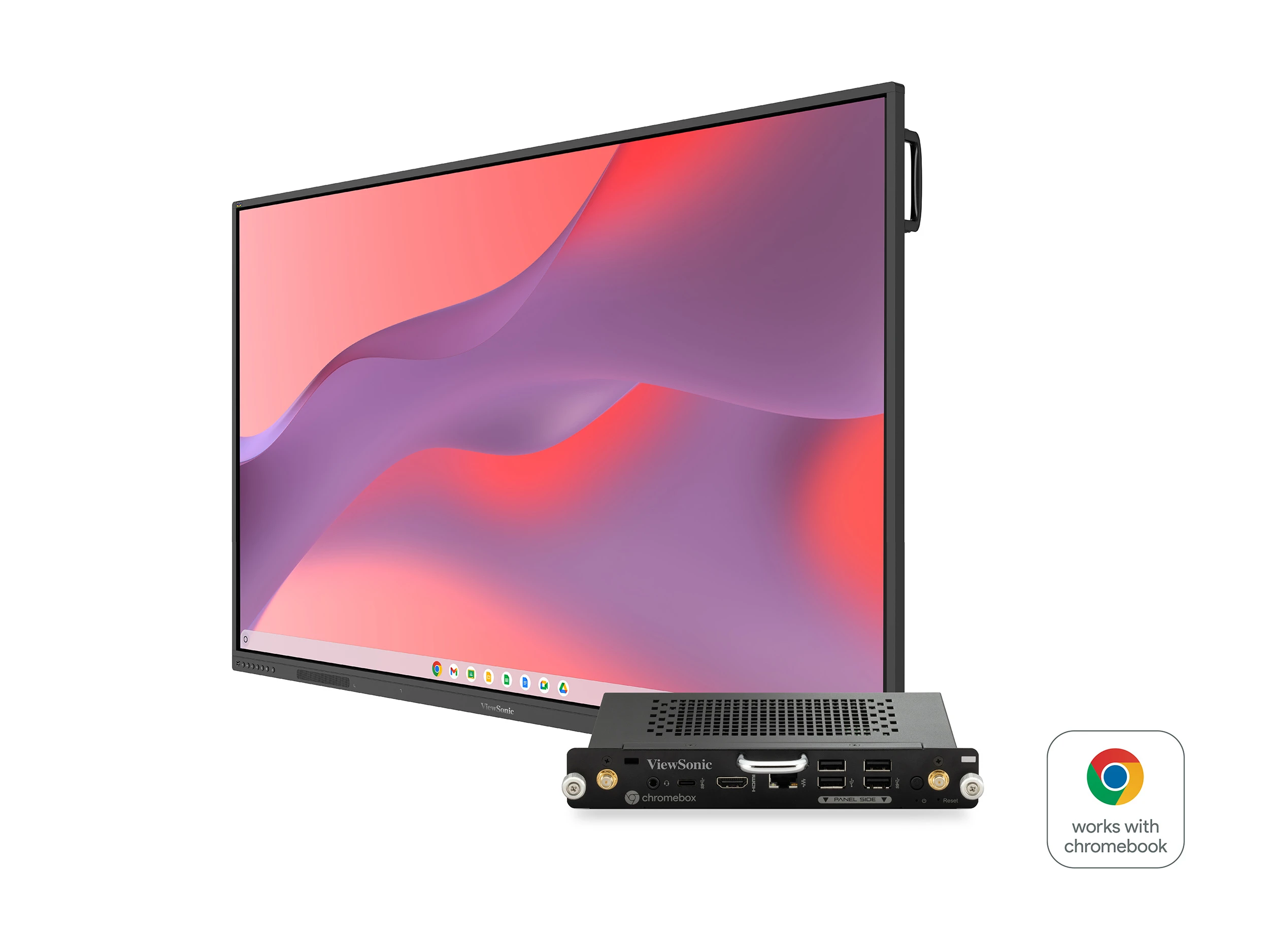 ViewSonic IFP65G1 integration with Chromebook and external slot-in compute modules in classroom collaboration environment