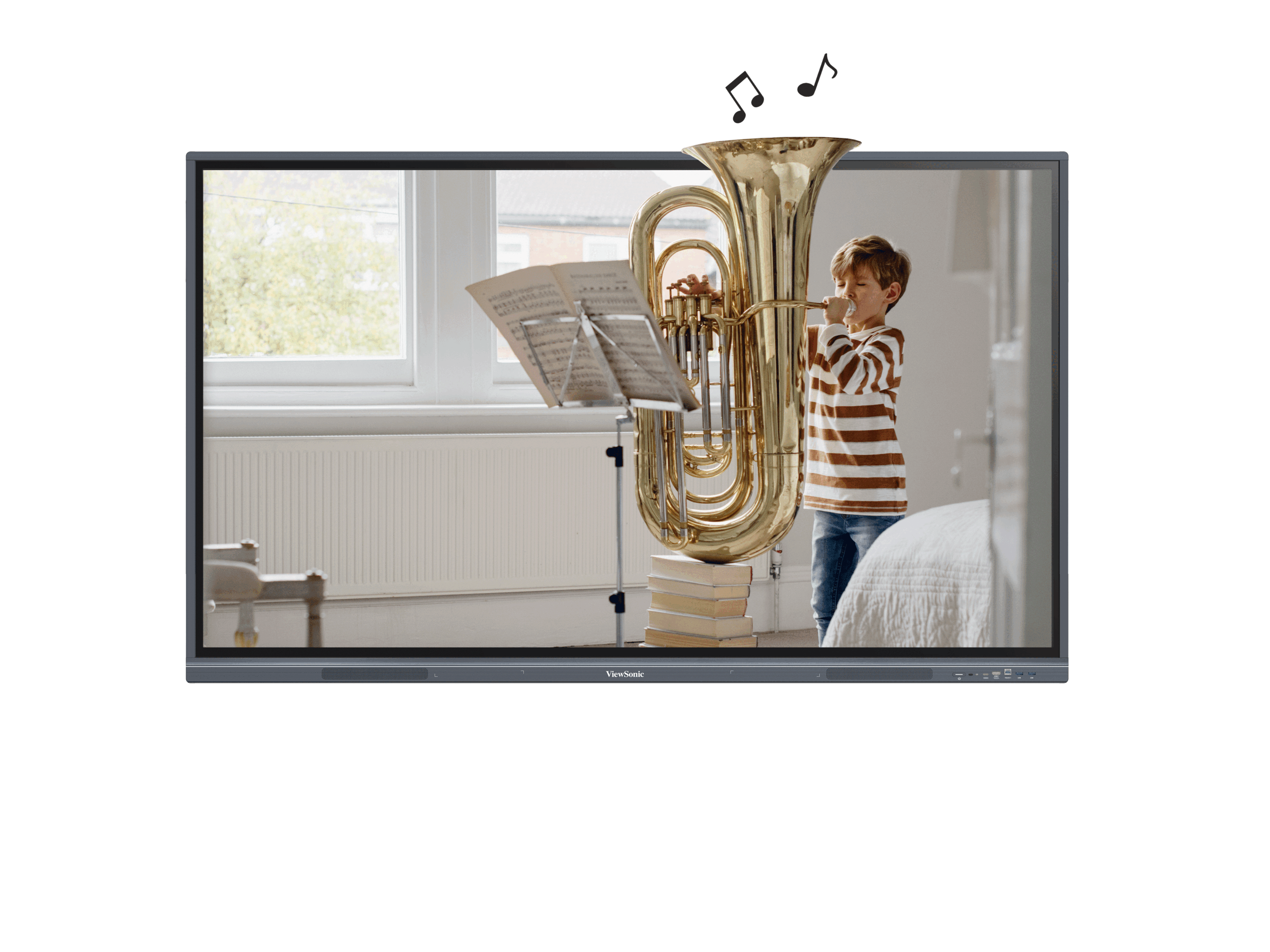 ViewSonic IFP8633-G 86" 4K Interactive Flat Panel Display for Education and Enterprise Collaboration 15 ViewSonic IFP8633-G front-facing stereo speakers delivering audio output to classroom audience during video playback