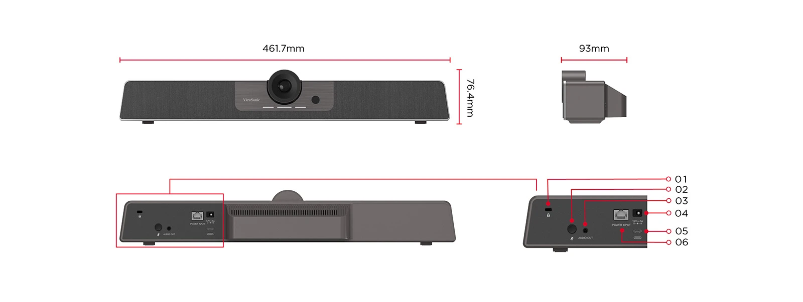 ViewSonic UMB202 Dimension and I/O Ports — rear connectivity panel showing USB-C