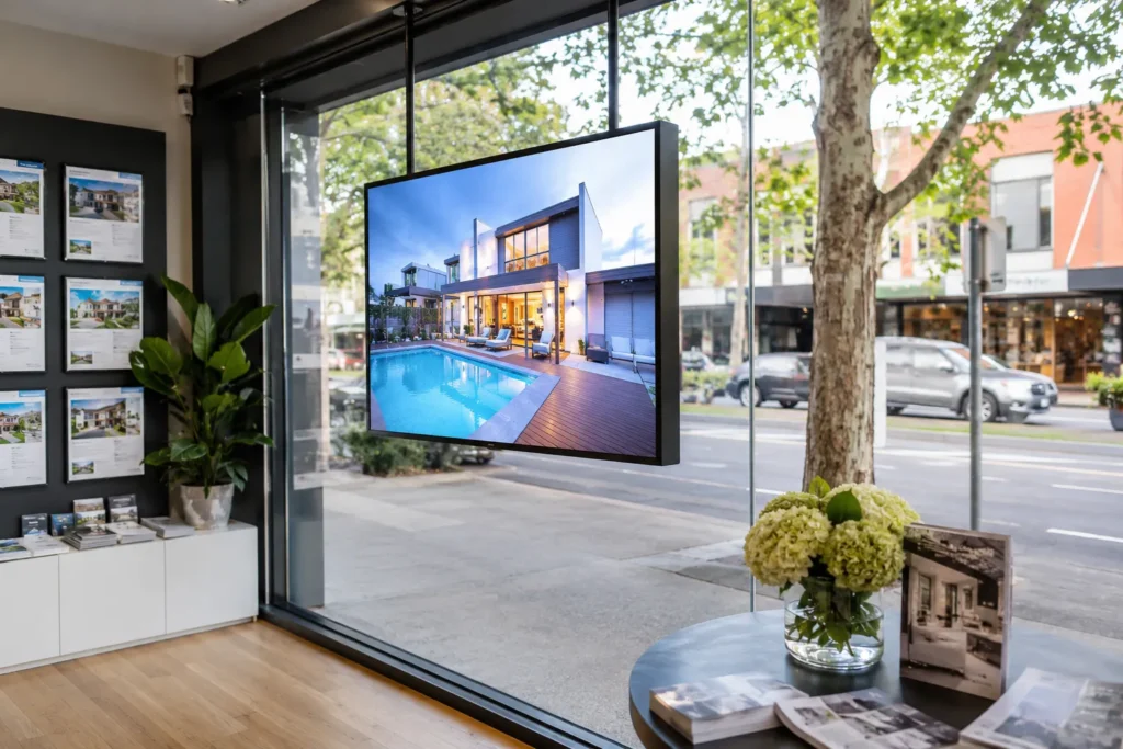 High brightness commercial display mounted in a retail storefront window clearly visible in daylight
