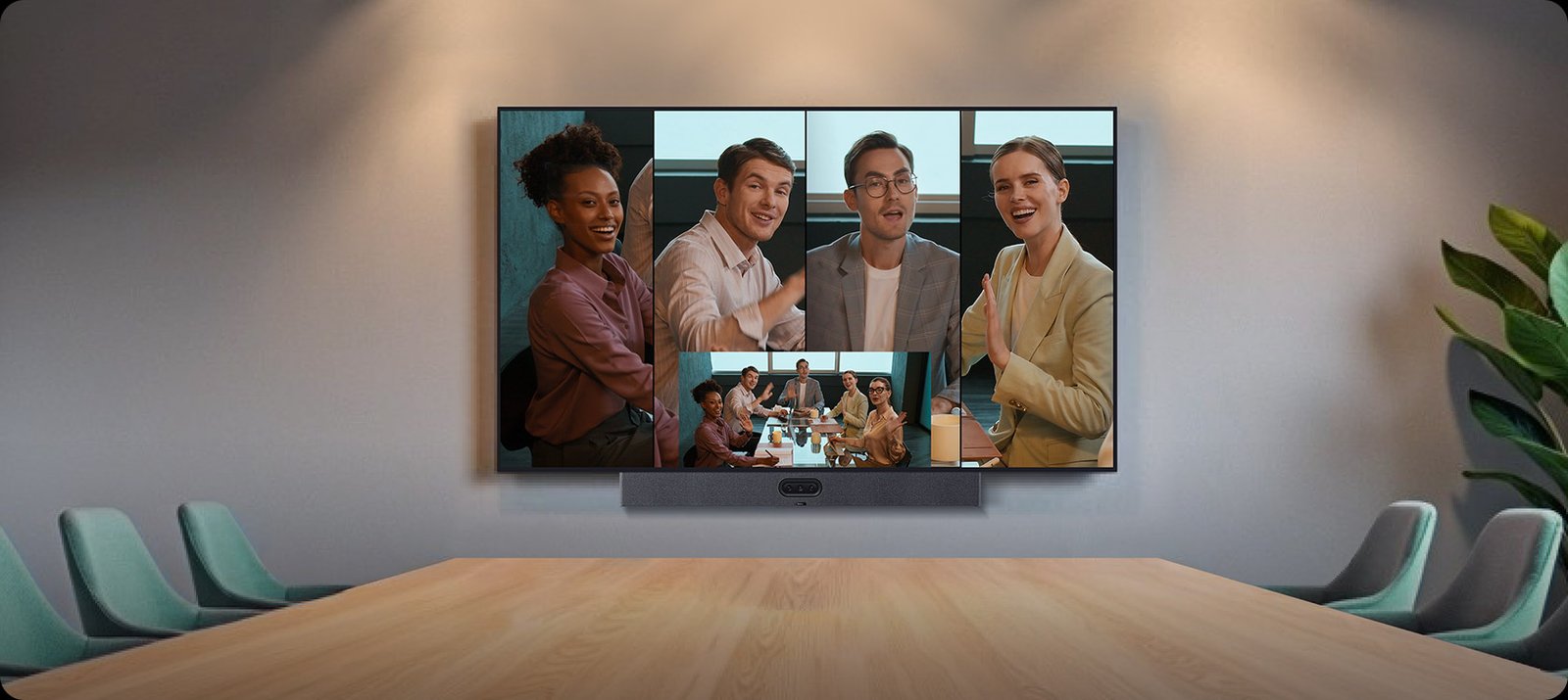 Yealink MeetingBar A50 | All-in-One Video Bar for Medium to Large Meeting Rooms 6 Yealink MeetingBar A50 people collaborating in large boardroom meeting room