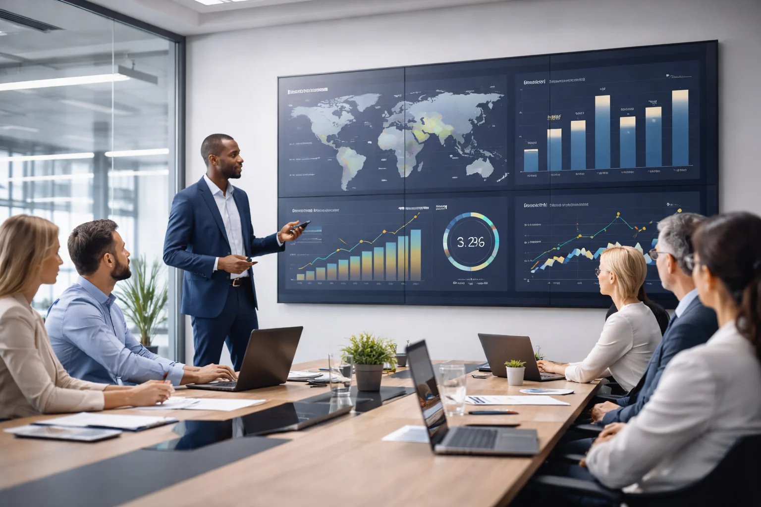Soniq 46″ Video Wall Panel | FHD Commercial Digital Signage Display for Modular Installations 6 Soniq 46″ Video Wall panel in corporate reception deployment — multi-screen array displaying brand content and performance metrics