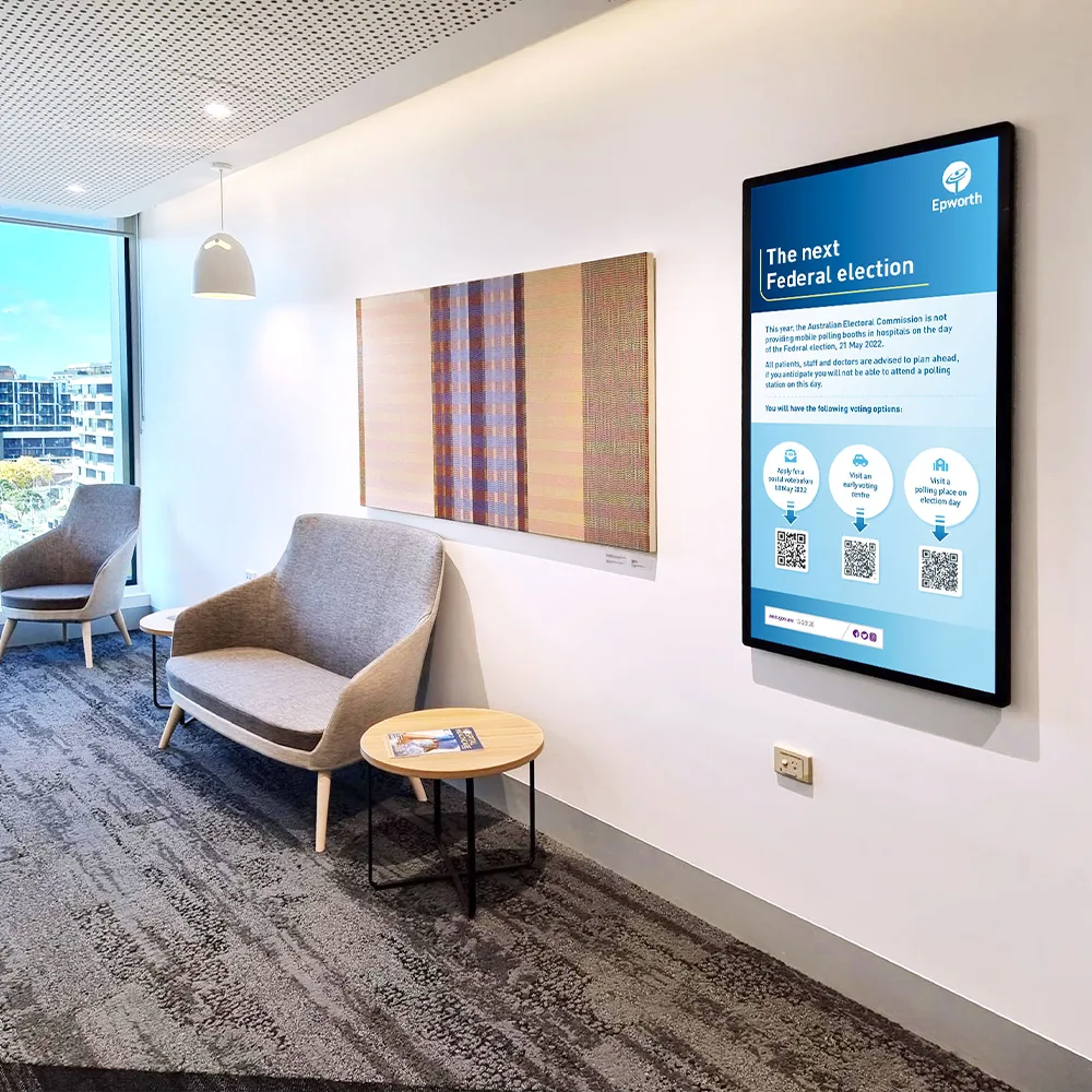 Soniq 23″ Strip Signage with Capacitive Touch Screen | Interactive Commercial Digital Signage Display 4 Soniq 23SFE60G-RK capacitive touch display in healthcare waiting area — patient wayfinding and information access