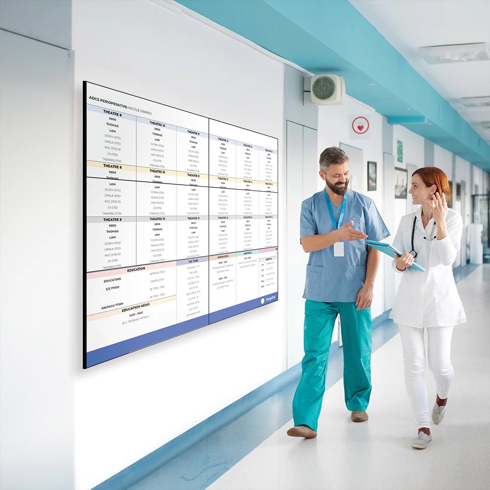 Soniq 75″ UHD High Brightness Commercial Display | 3000 Nit Digital Signage Solution 4 Soniq 75″ UHD High Brightness Commercial Display in healthcare deployment — waiting room patient information and wayfinding signage