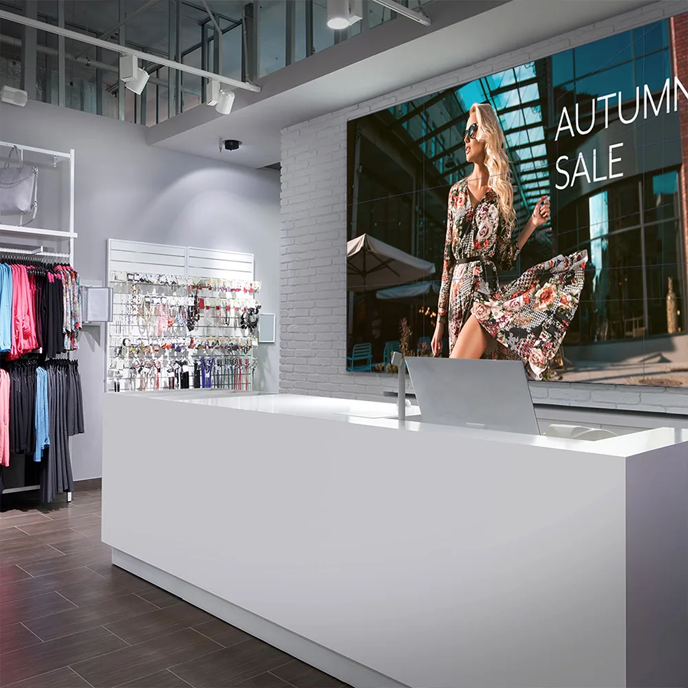 Soniq 75″ UHD High Brightness Commercial Display | 3000 Nit Digital Signage Solution 5 Soniq 75″ UHD High Brightness Commercial Display in retail space deployment — storefront window promotional content with high-brightness panel