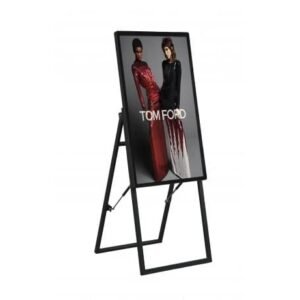 Soniq 43" FHD A-Frame Signage freestanding display with tempered glass panel in retail environment