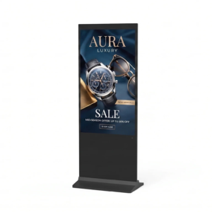Soniq 55" 4K Freestanding Non-Touch Display front view showing portrait orientation for retail signage deployment