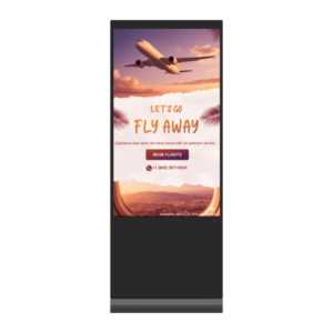 Soniq 65″ 4K Freestanding Touch Display shown in freestanding kiosk enclosure for retail and hospitality self-service deployment