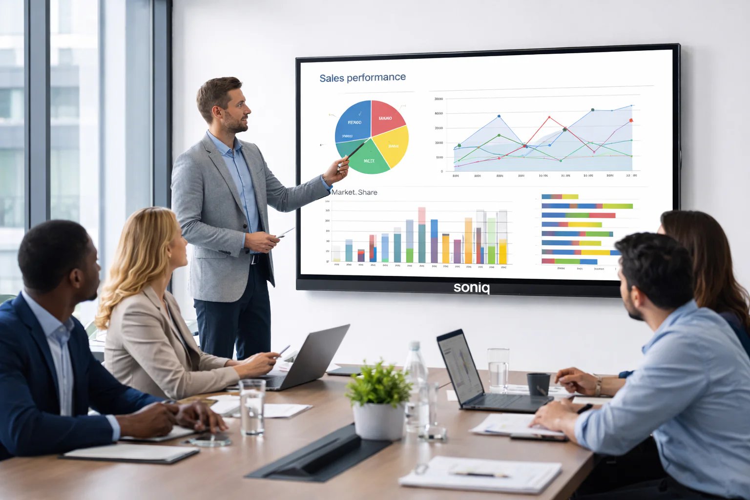 Soniq 75" UHD Interactive Whiteboard | Commercial Collaboration Display for Education & Corporate 7 Soniq Z75WB13 interactive whiteboard in corporate deployment — boardroom collaboration session with digital annotation