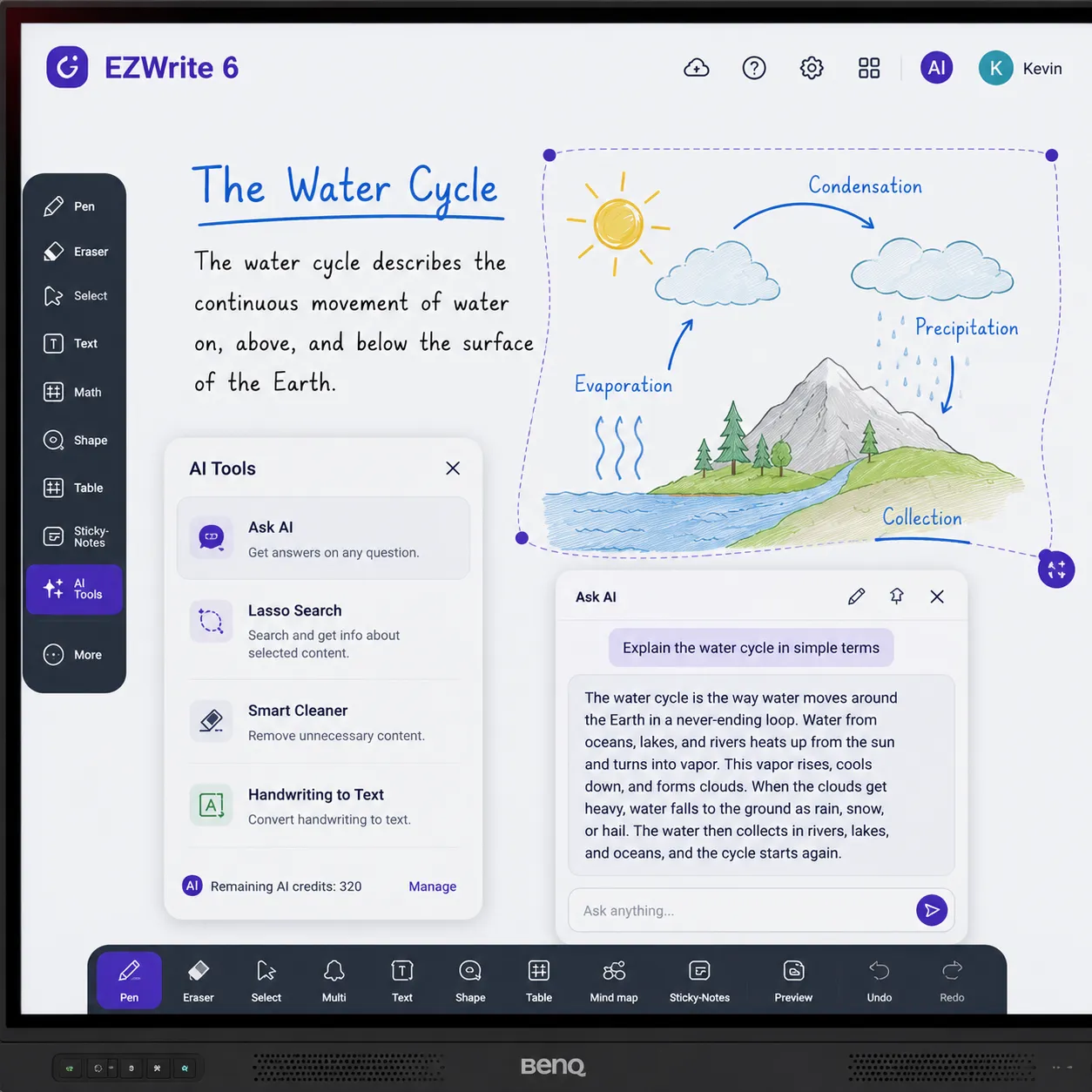 EZWrite 6 AI tools interface on a BenQ Board — Ask AI and Lasso Search features