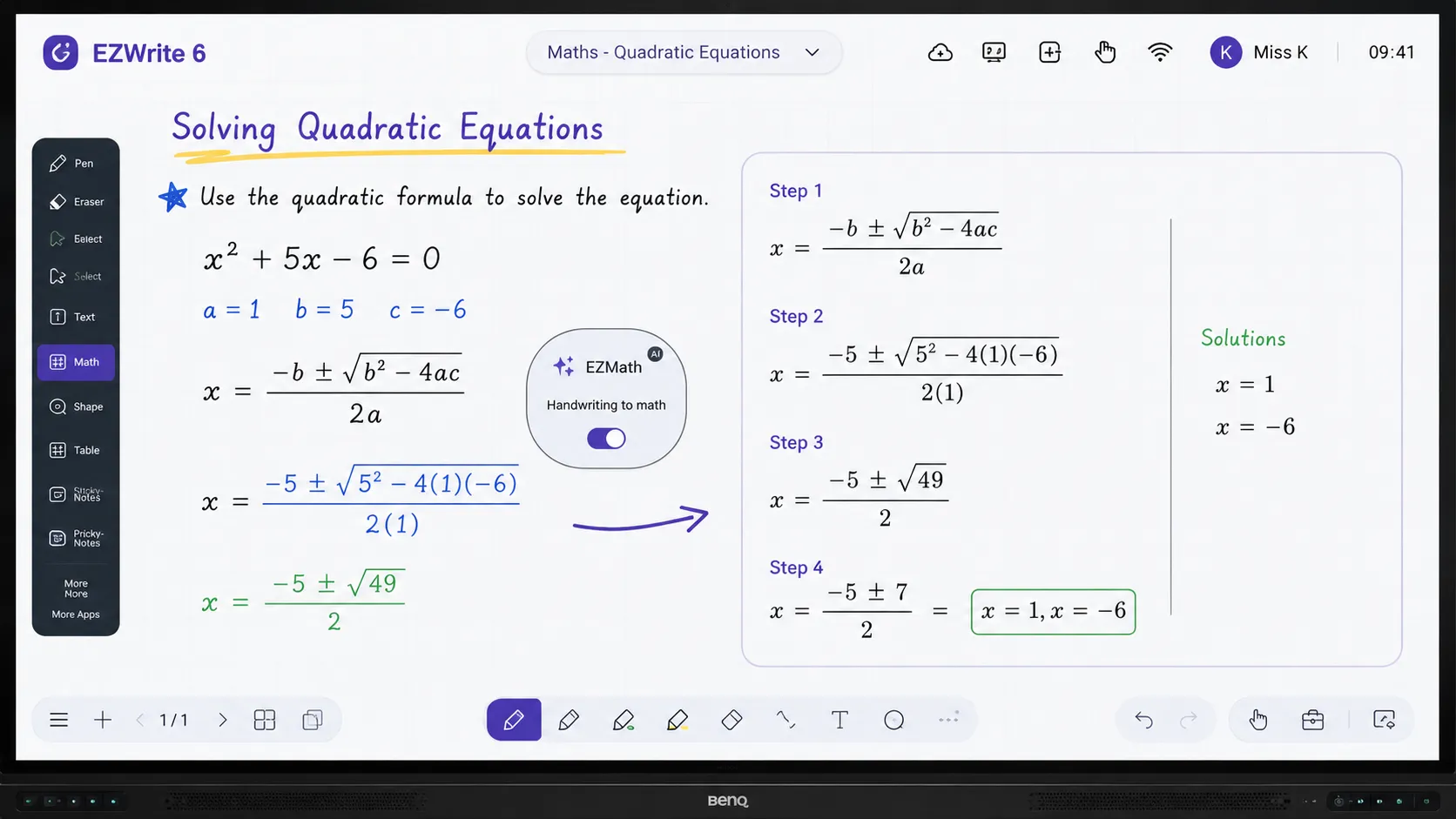 EZWrite 6 whiteboarding software on a BenQ Board interactive display showing a maths lesson