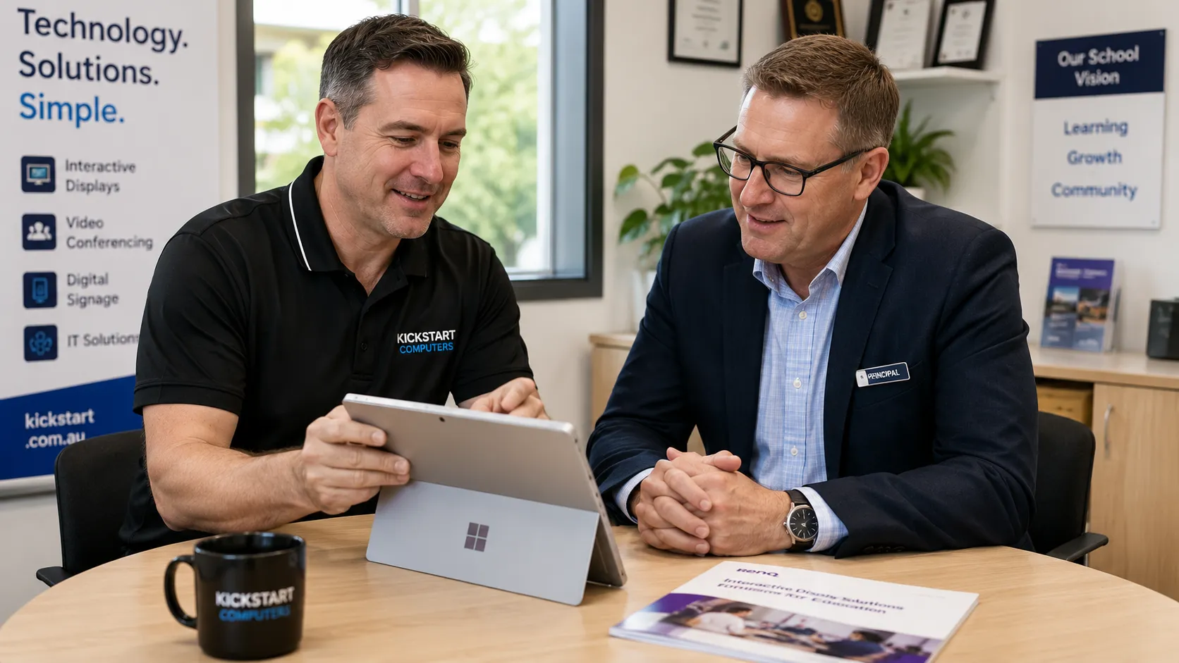 Kickstart Computers consultant discussing BenQ Board options with a school principal