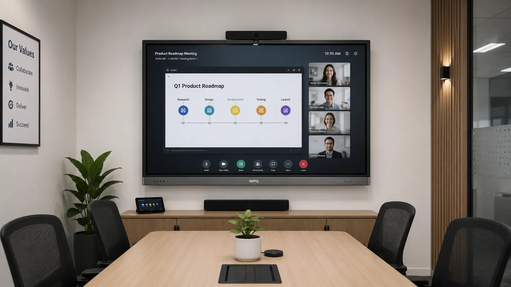 BenQ Board RM05 in a small corporate meeting room with a video call on screen