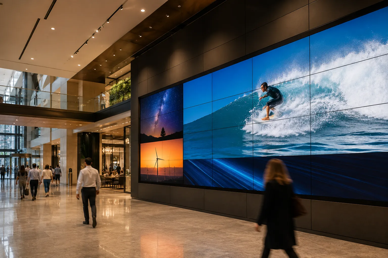 Commercial digital signage video wall installed in a modern Australian corporate lobby environment