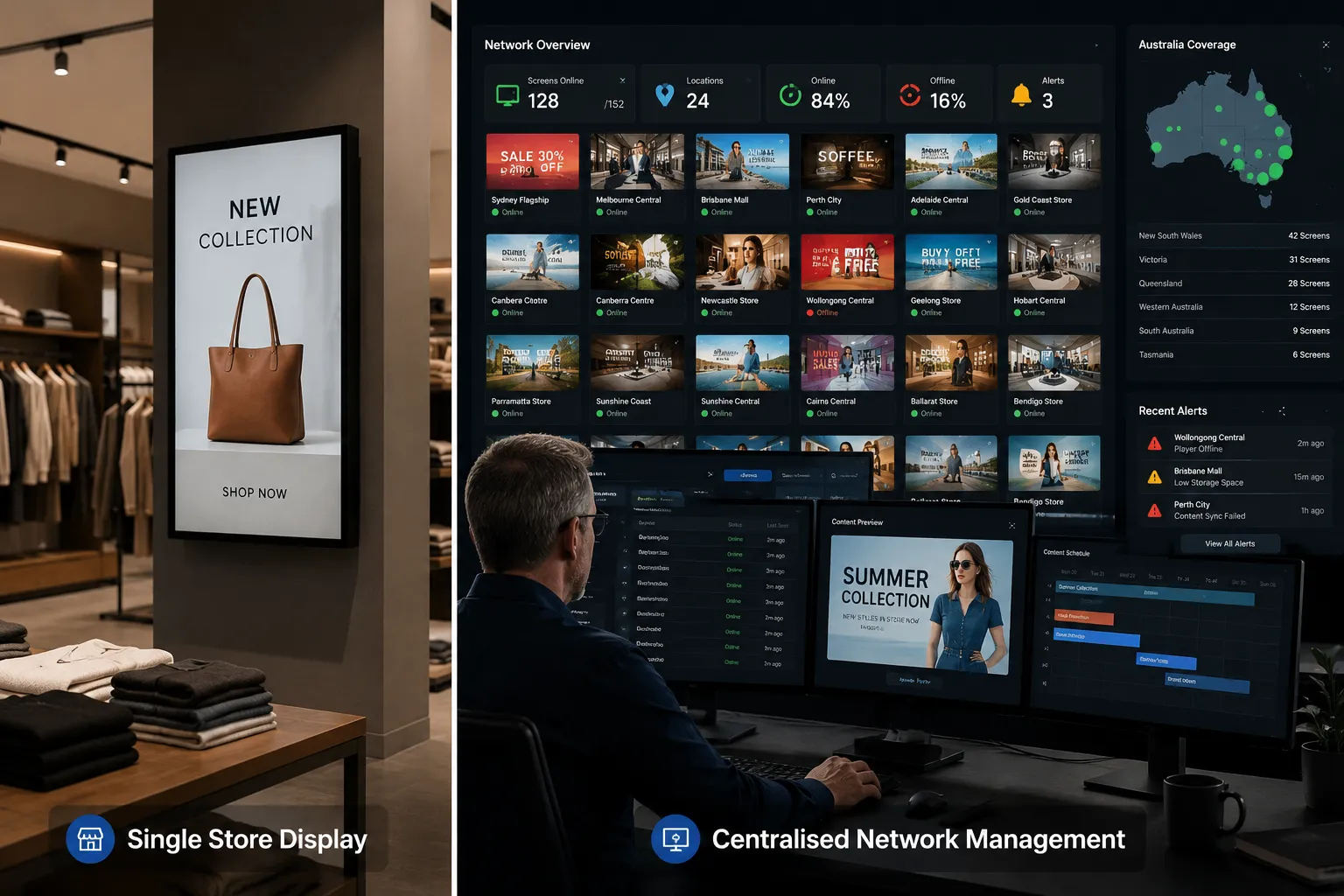 Digital signage CMS remote management — single screen versus multi-site network management