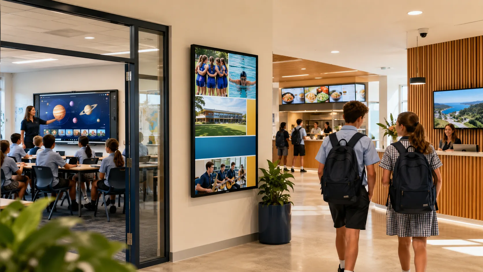 Digital signage displays across a school campus — classroom, canteen, reception and corridor environments