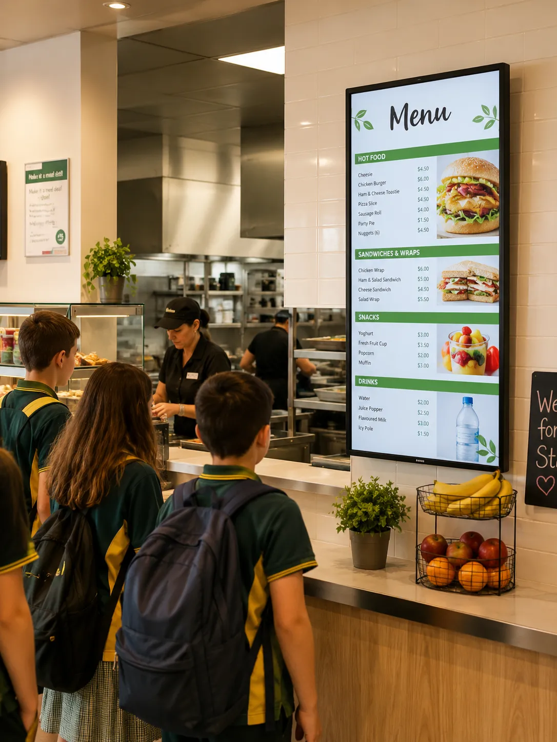 Portrait digital menu board display in a school canteen serving area