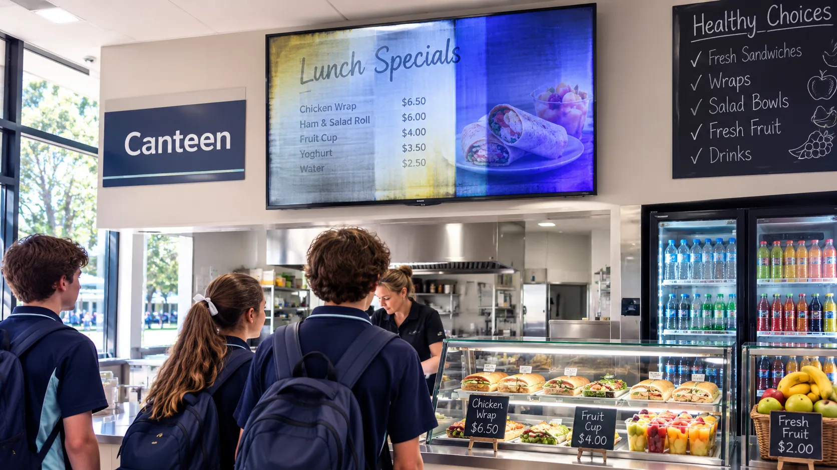 Consumer television in school canteen showing premature panel degradation and uneven brightness