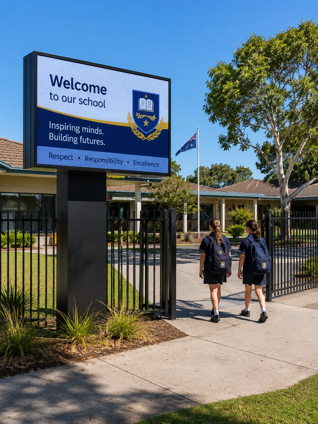 High-brightness outdoor digital display at an Australian school entrance in direct sunlight