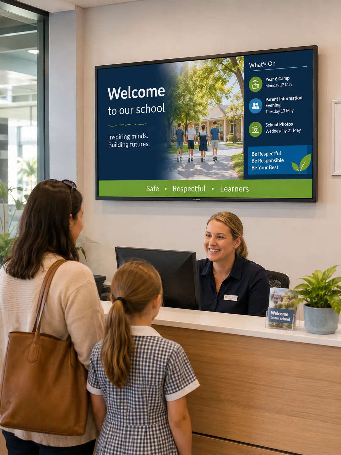 Commercial display screen in a modern school reception area showing school communications