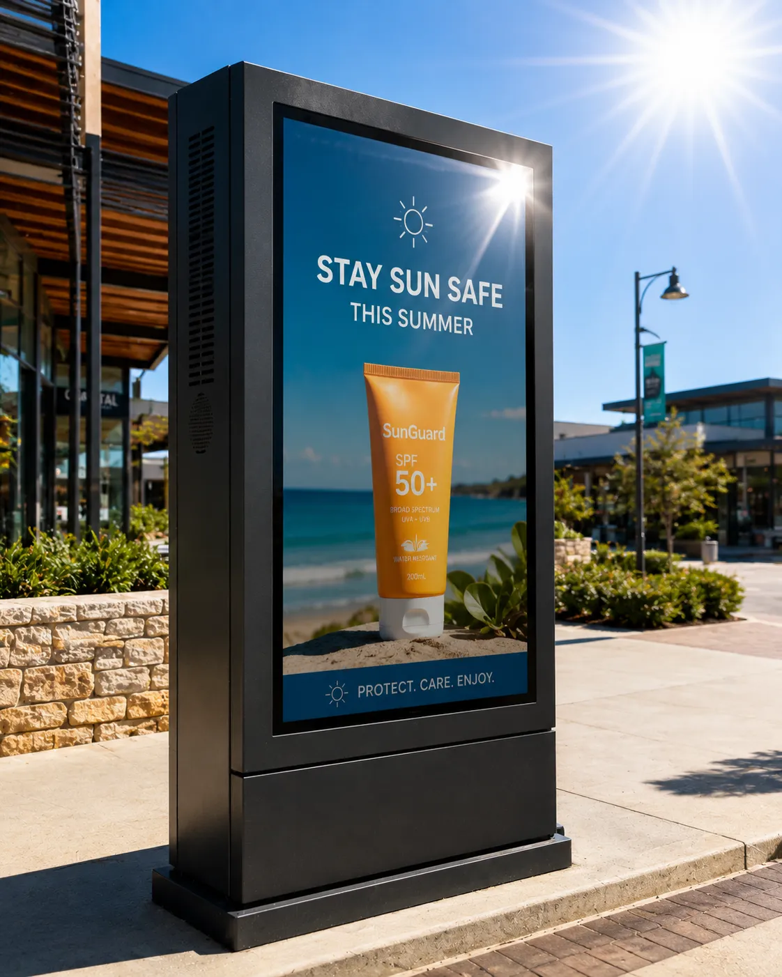 Commercial display in direct sunlight — ambient and radiant solar heat combine to push panel temperatures beyond rated operating range
