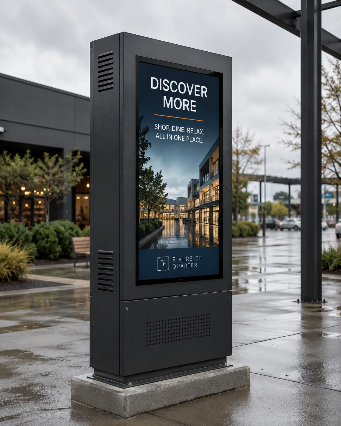 Outdoor commercial display enclosure — without adequate active cooling, internal temperatures can exceed panel rated operating range