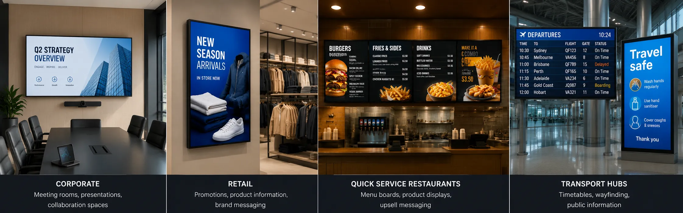 Four commercial display environments — meeting room, retail, QSR and transport hub — each requiring different duty cycle ratings