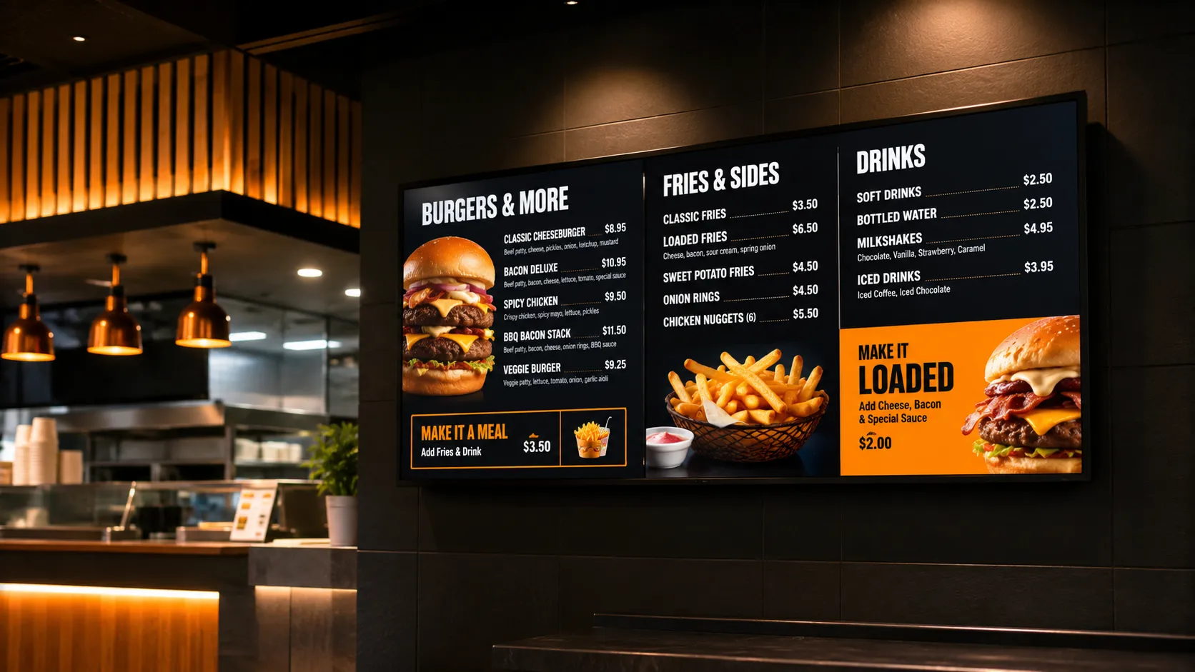 Commercial display mounted in a quick service restaurant showing a digital menu board