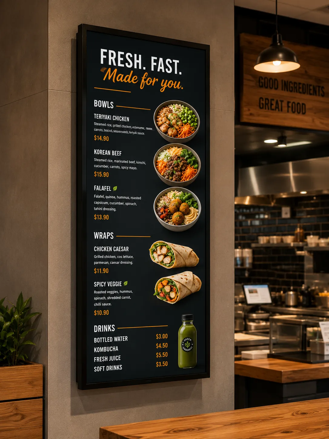 Portrait-orientation digital menu board in a food service environment — portrait mounting increases thermal stress on the display chassis