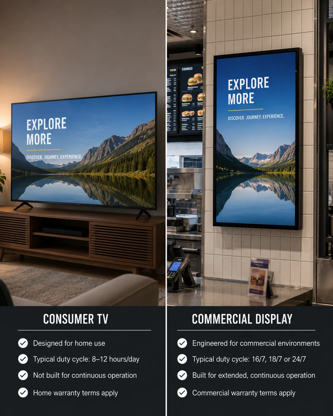 Consumer television versus commercial display — visually similar, fundamentally different specifications and warranty coverage
