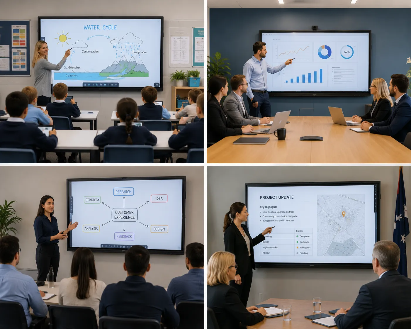Four environments for interactive whiteboards — small business meeting room, classroom, training room, government enterprise