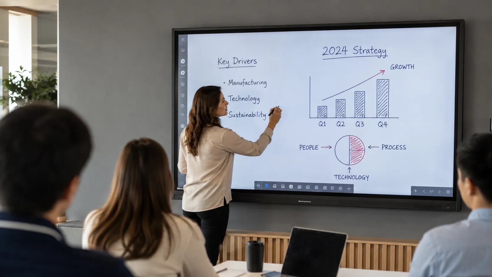 Teacher writing on a commercial interactive whiteboard in an Australian classroom
