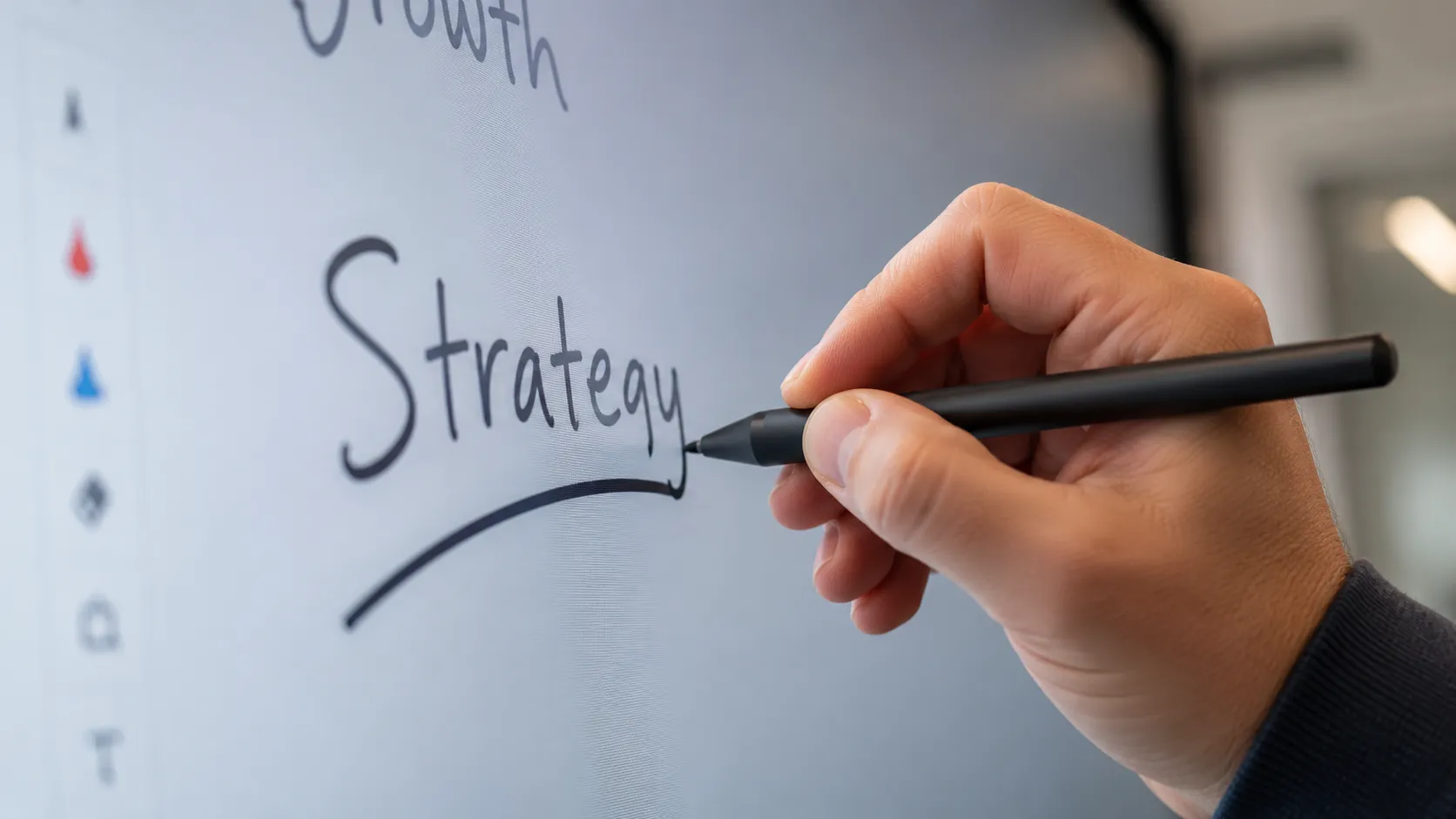 Close-up of stylus writing on a commercial interactive whiteboard display showing digital ink response