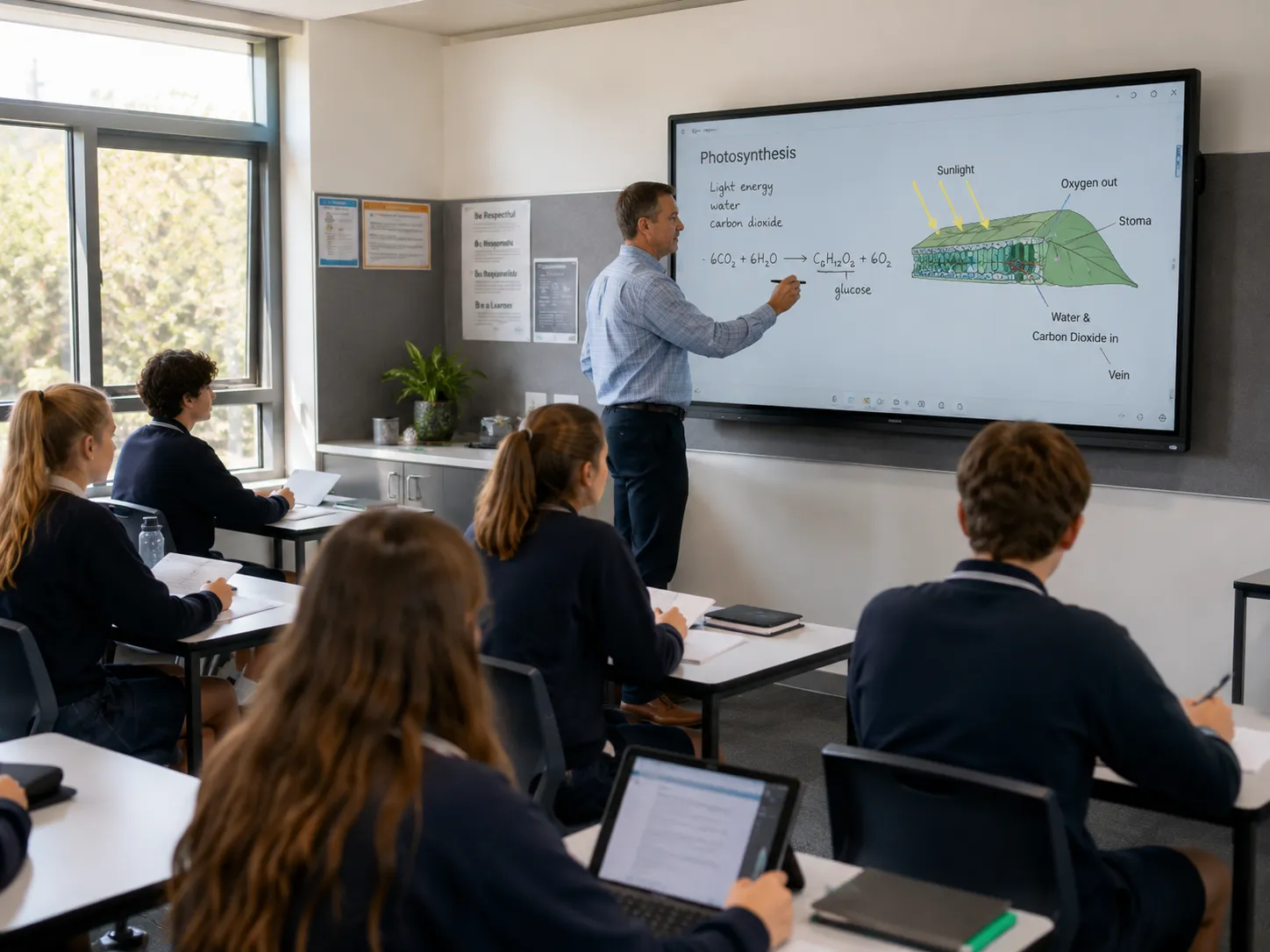 Teacher writing on an interactive flat panel display in a modern Australian school classroom
