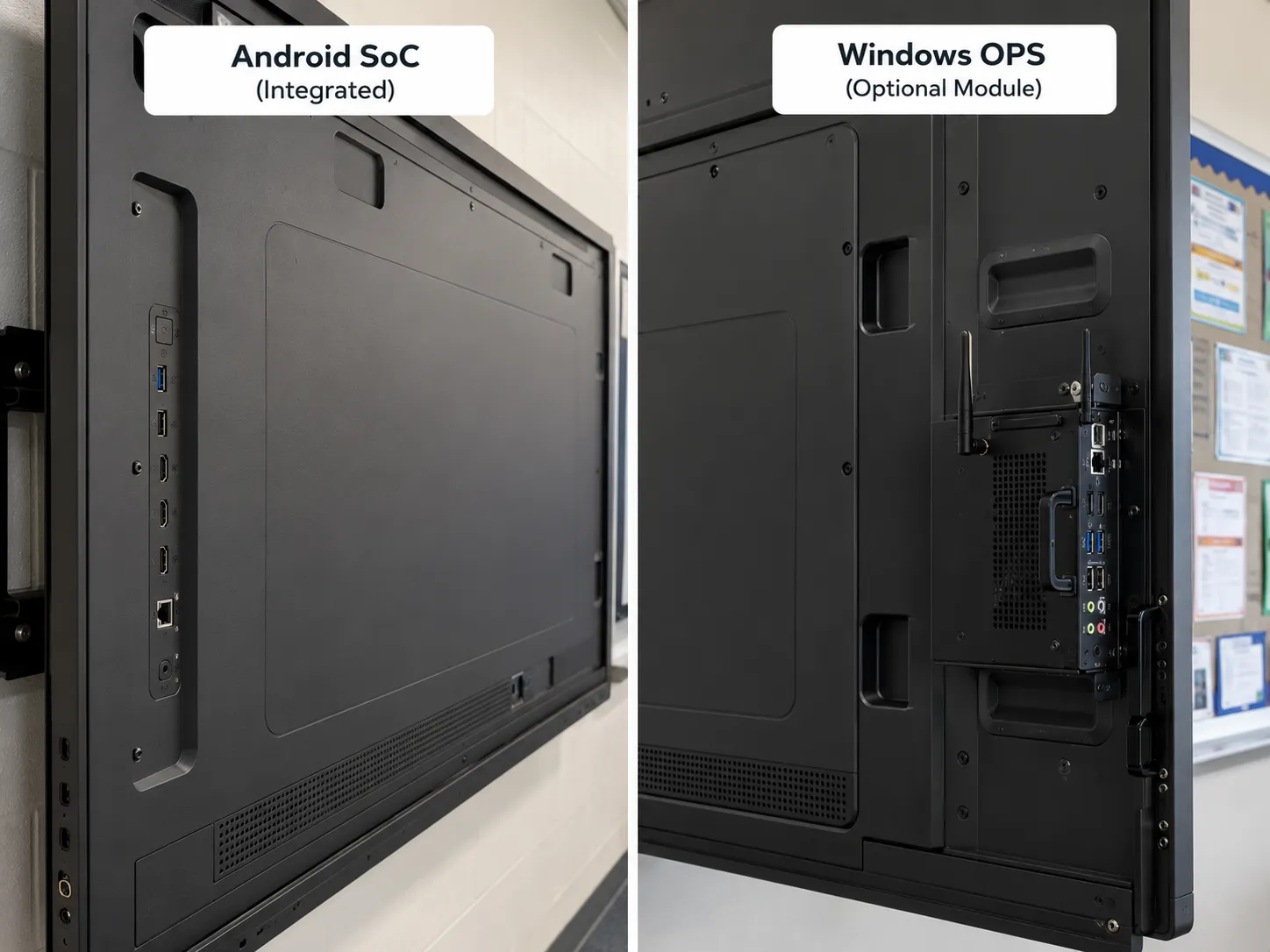 Interactive flat panel display showing Android SoC integrated computing versus Windows OPS module slot comparison