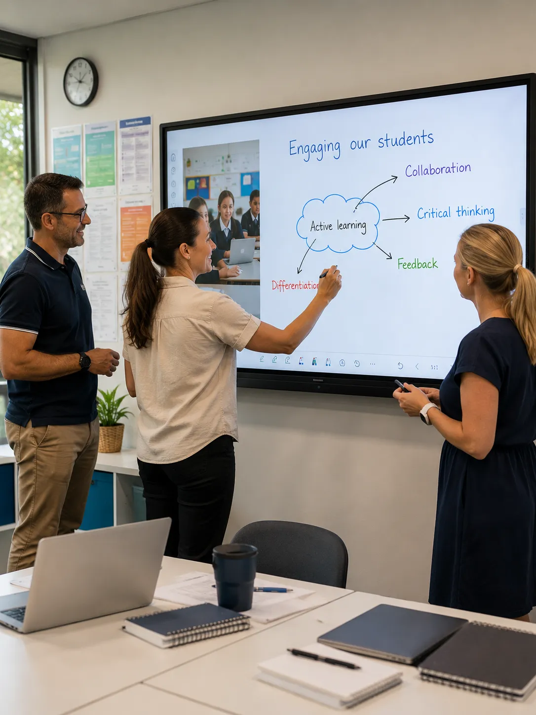 Australian school teachers in a professional development session learning to use an interactive flat panel display